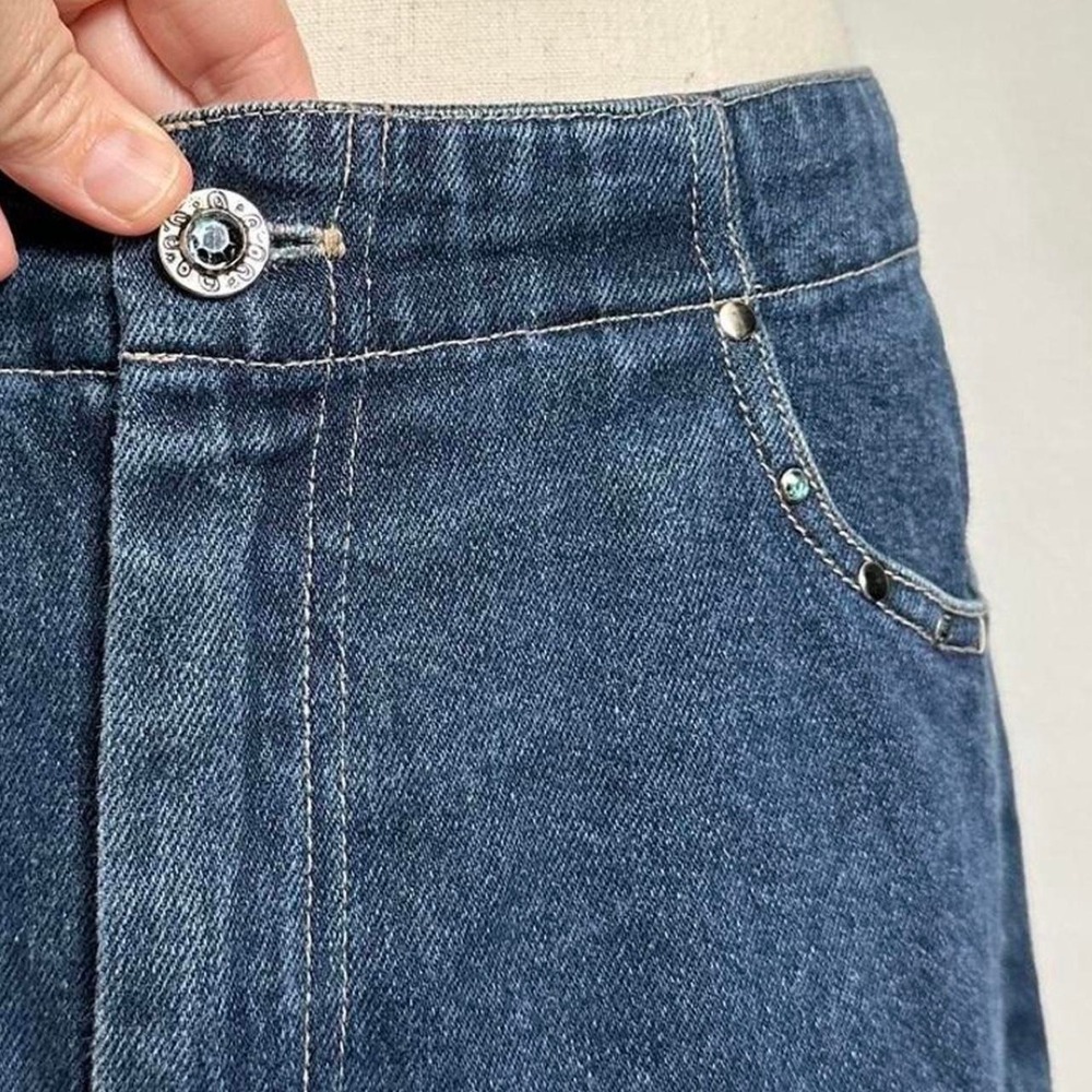 Vintage Faded Glory Denim Midi Skirt Dark Wash Rhinestone Studded Blue Womens 12 - Picture 2 of 6